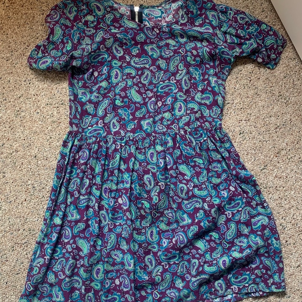 Purple, blue, and teal paisley dress